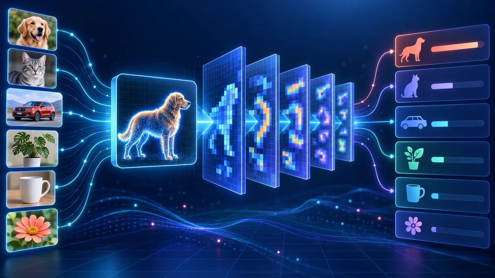 AI image classifier transforming an input image into category probabilities