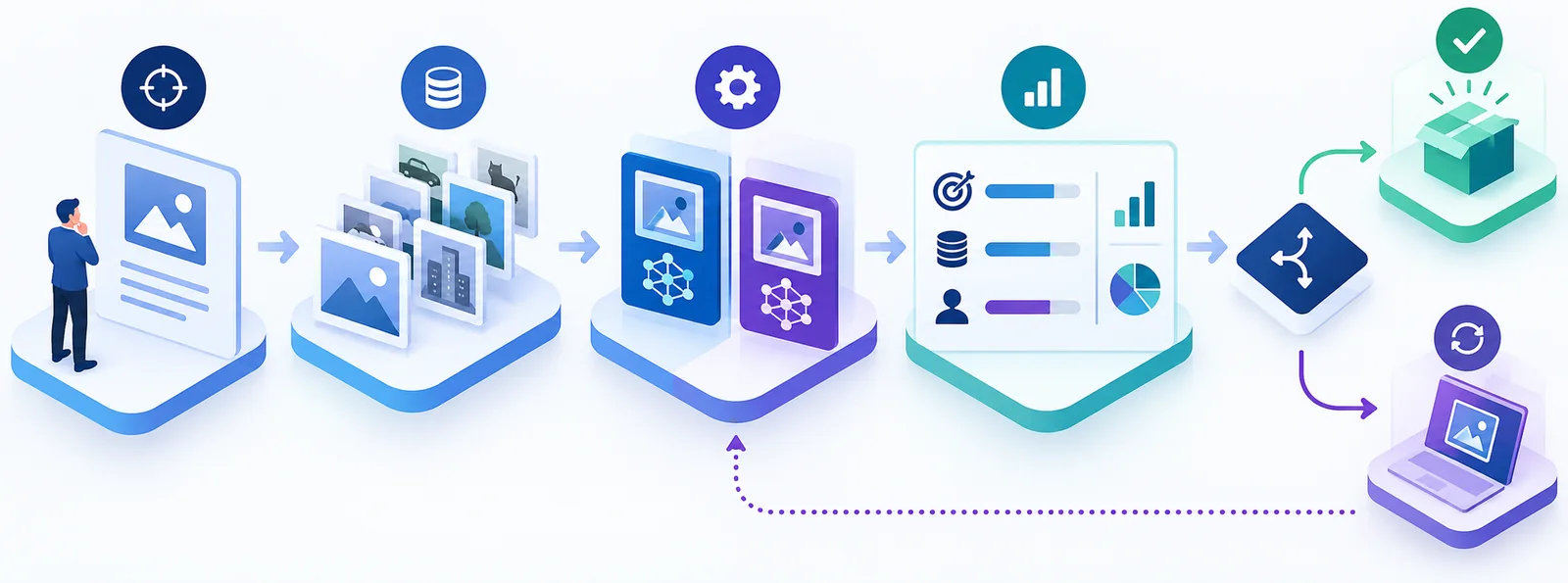 Five-stage image recognition pilot workflow from task definition and test data to measurement and deployment decision