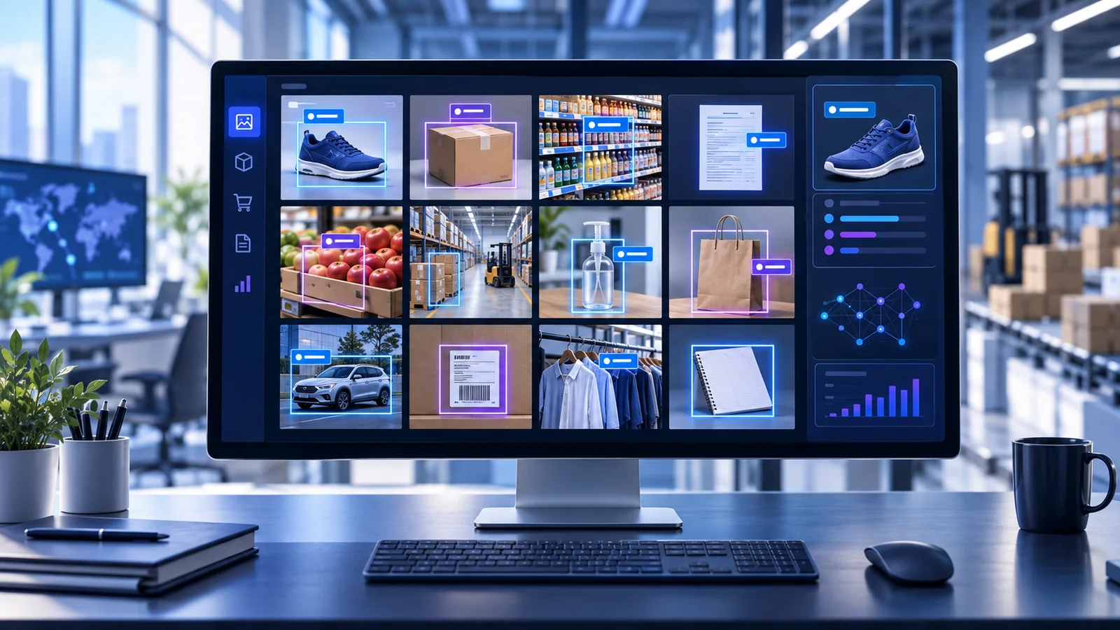 Business image recognition dashboard analyzing products, packages, documents, and warehouse images