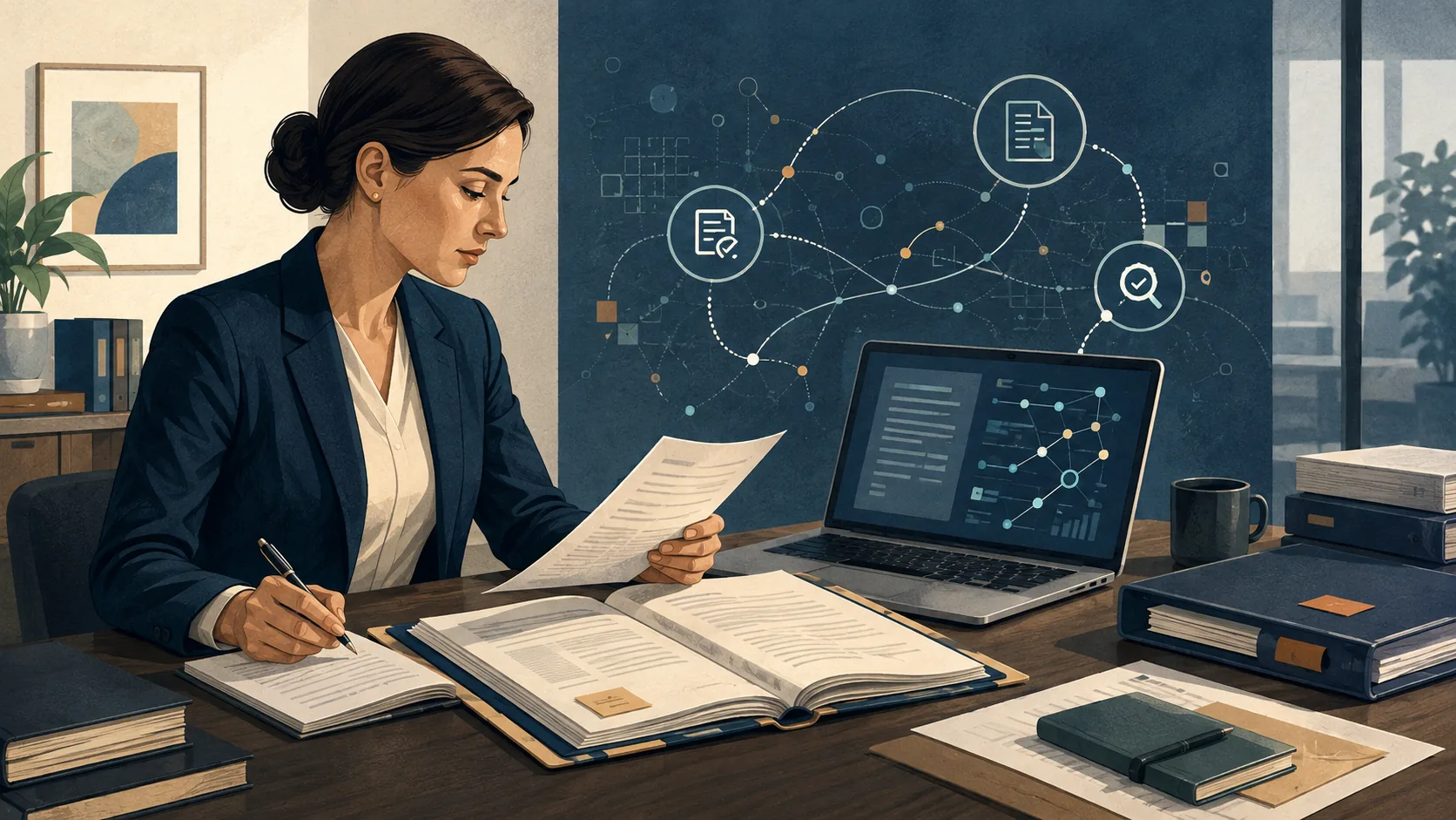 Legal professional reviewing source documents alongside an AI-assisted document analysis workflow