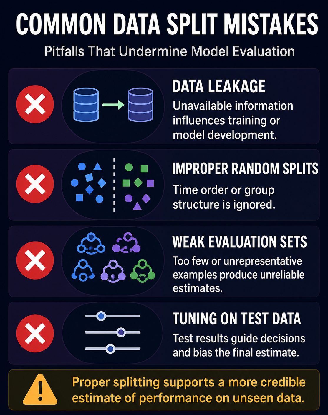 Four common data split mistakes: leakage, ignoring time or groups, weak evaluation sets, and tuning on test data.