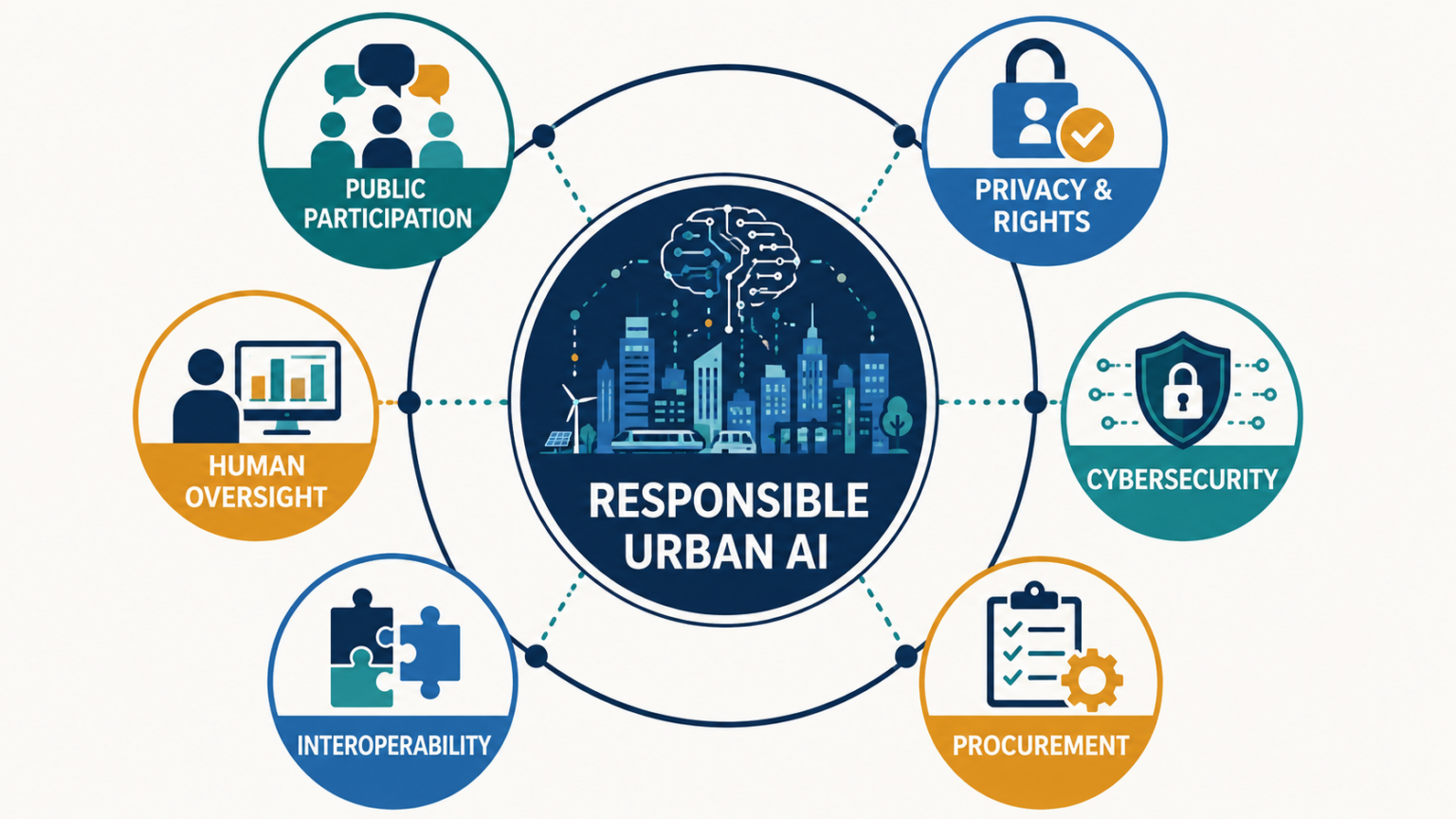 Responsible urban AI surrounded by public participation, privacy, cybersecurity, procurement, interoperability and human oversight