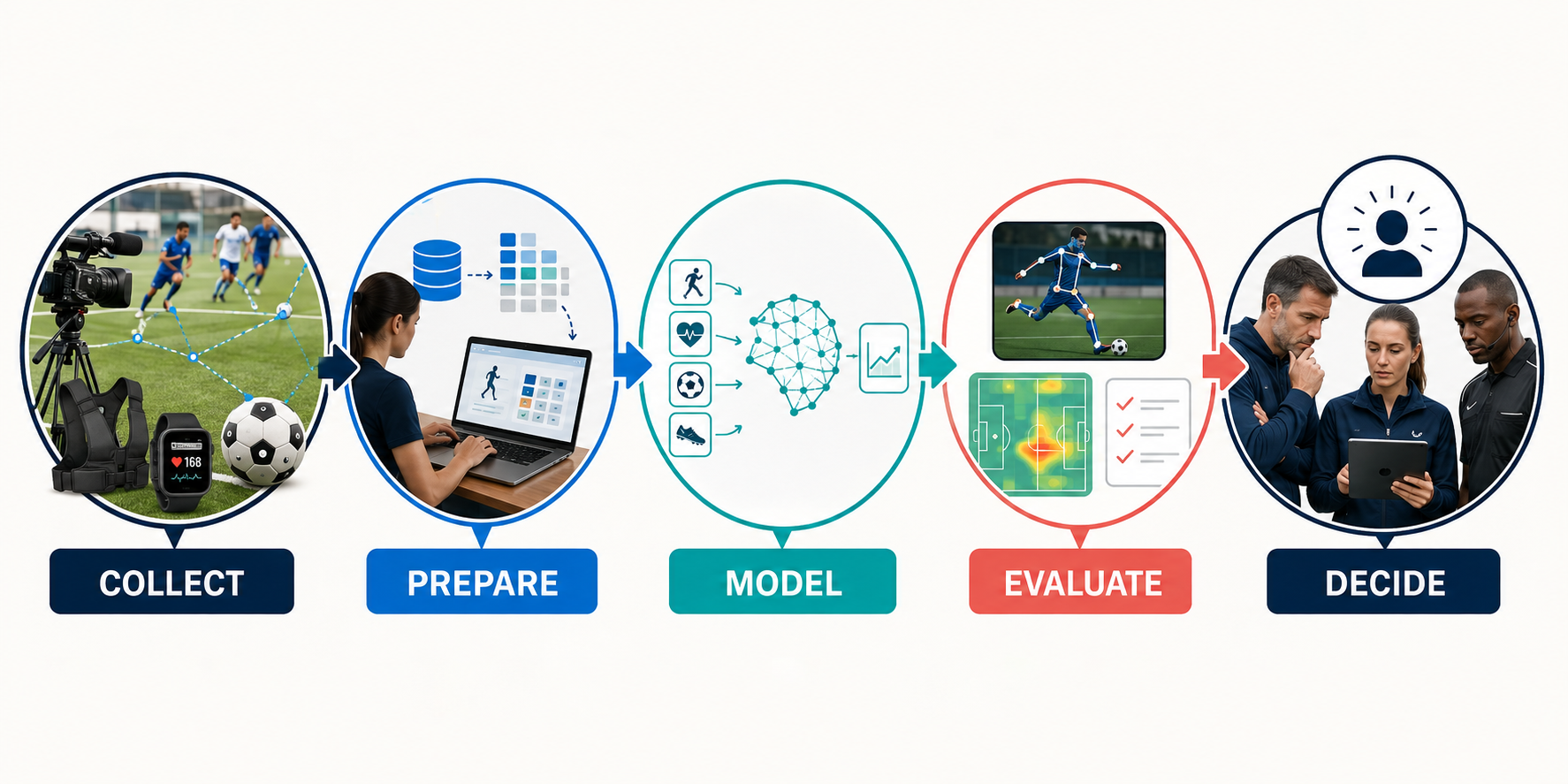 Five-stage sports AI workflow: collect data, prepare it, apply a model, evaluate the output and make a human decision