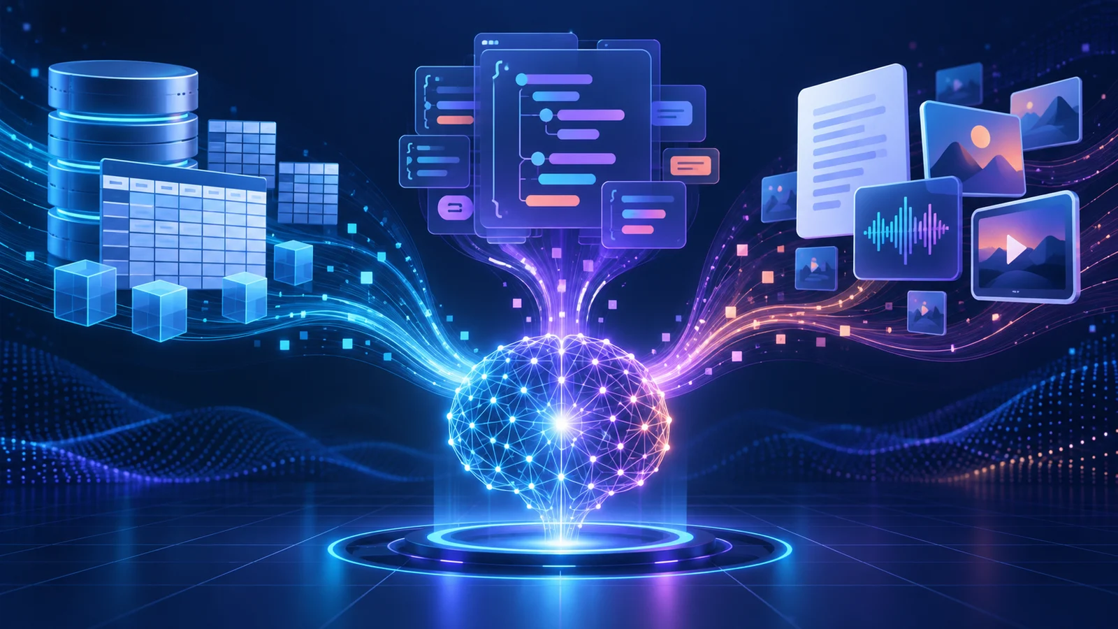 Structured, semi-structured, and unstructured data flowing into an AI system