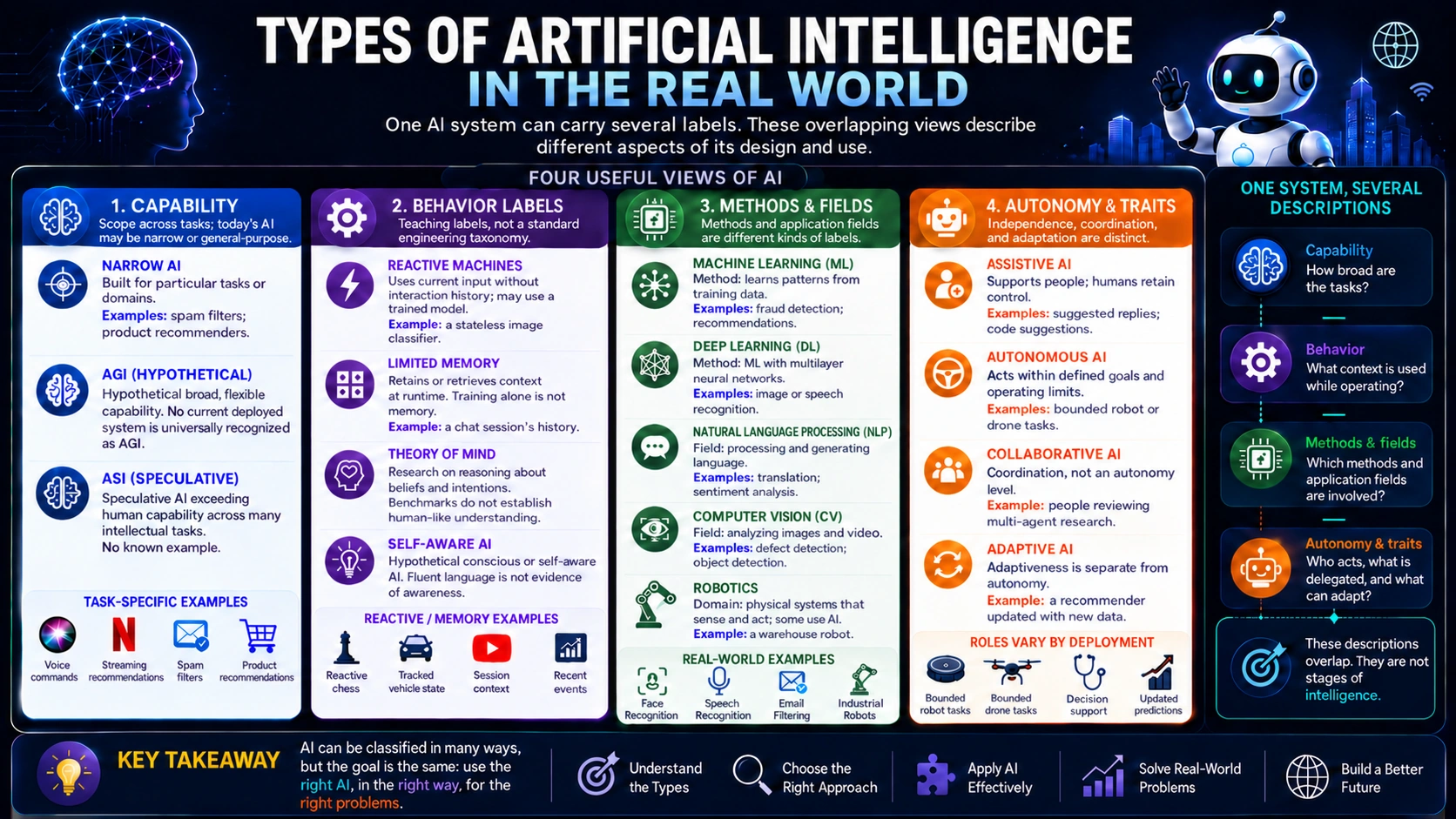 Examples of overlapping AI capability, behavior, methods and fields, plus autonomy, coordination, and adaptation.