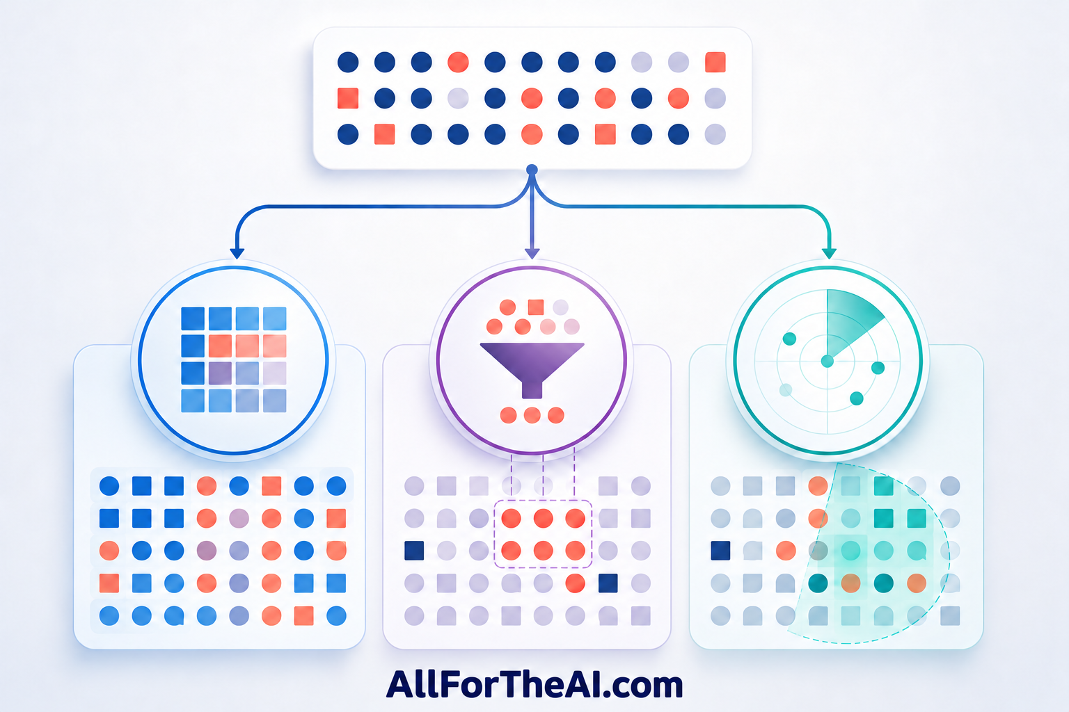 Colored outcomes branch into grid, filtering and detection motifs representing different ways to evaluate classification.