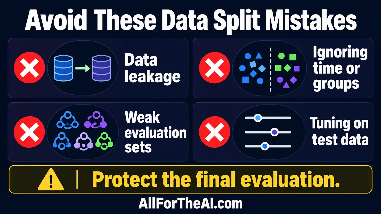 Four data split mistakes: data leakage, ignoring time or groups, weak evaluation sets, and tuning on test data. Protect the final evaluation.