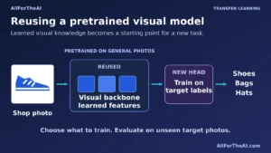 Transfer learning connects a pretrained visual model to a new product classification head.