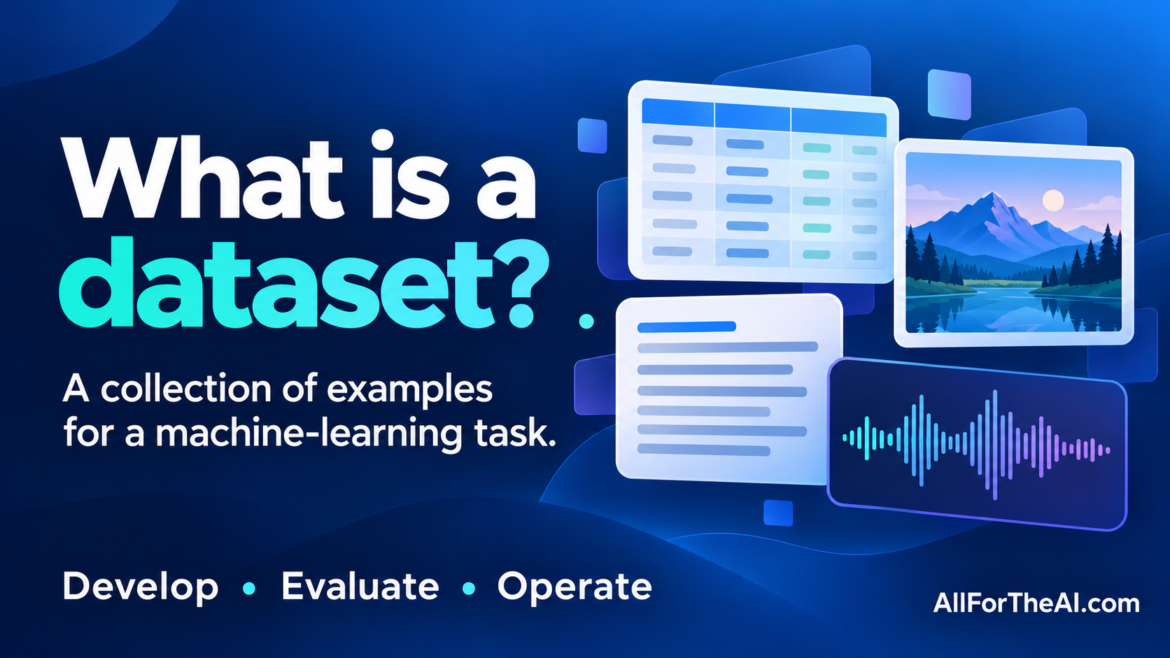 A dataset is a collection of examples for a machine-learning task, illustrated with tables, text, images and audio, for development, evaluation or operation.