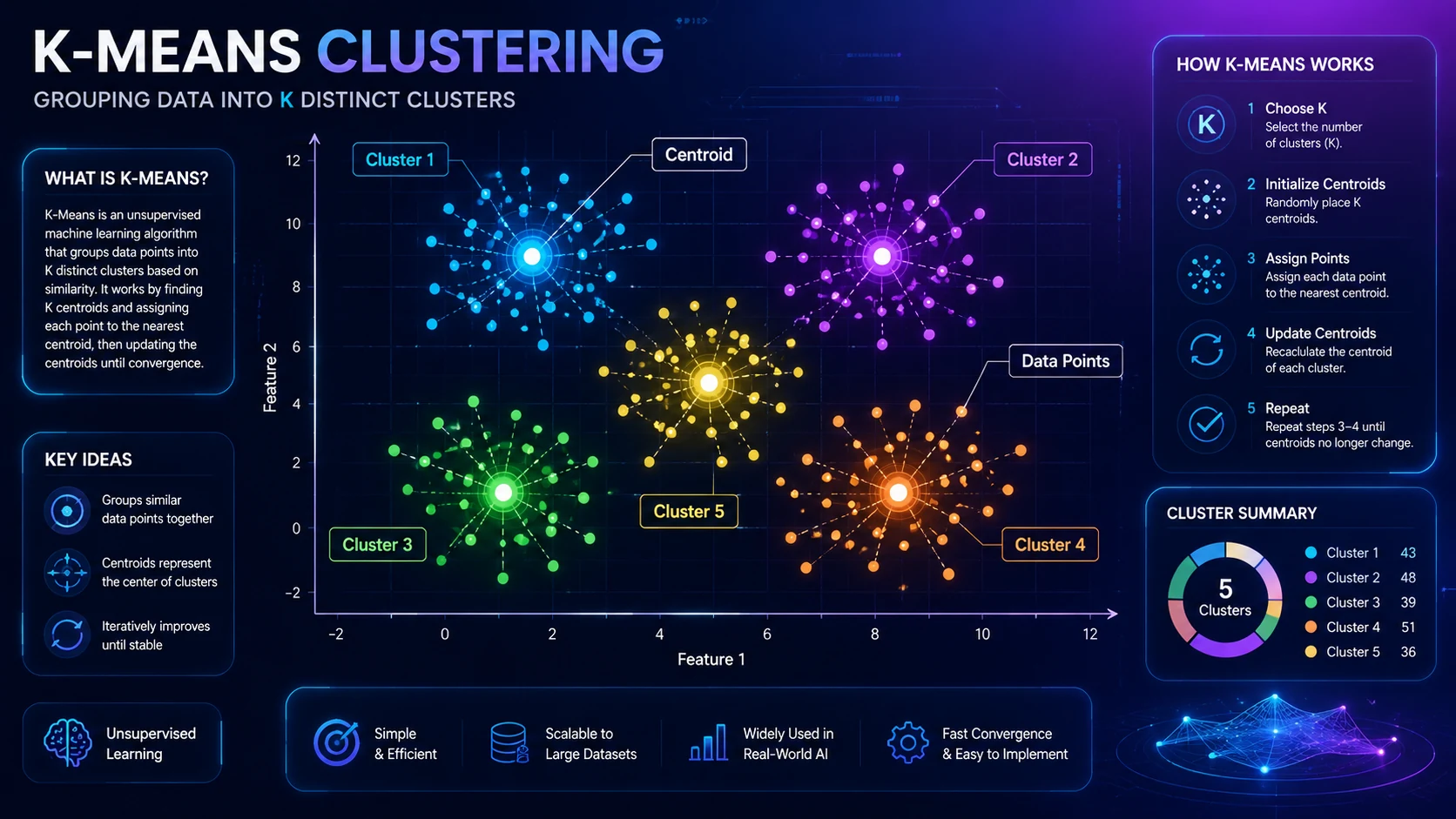 Educational infographic showing how K-Means clustering groups similar data points into clusters around centroids.