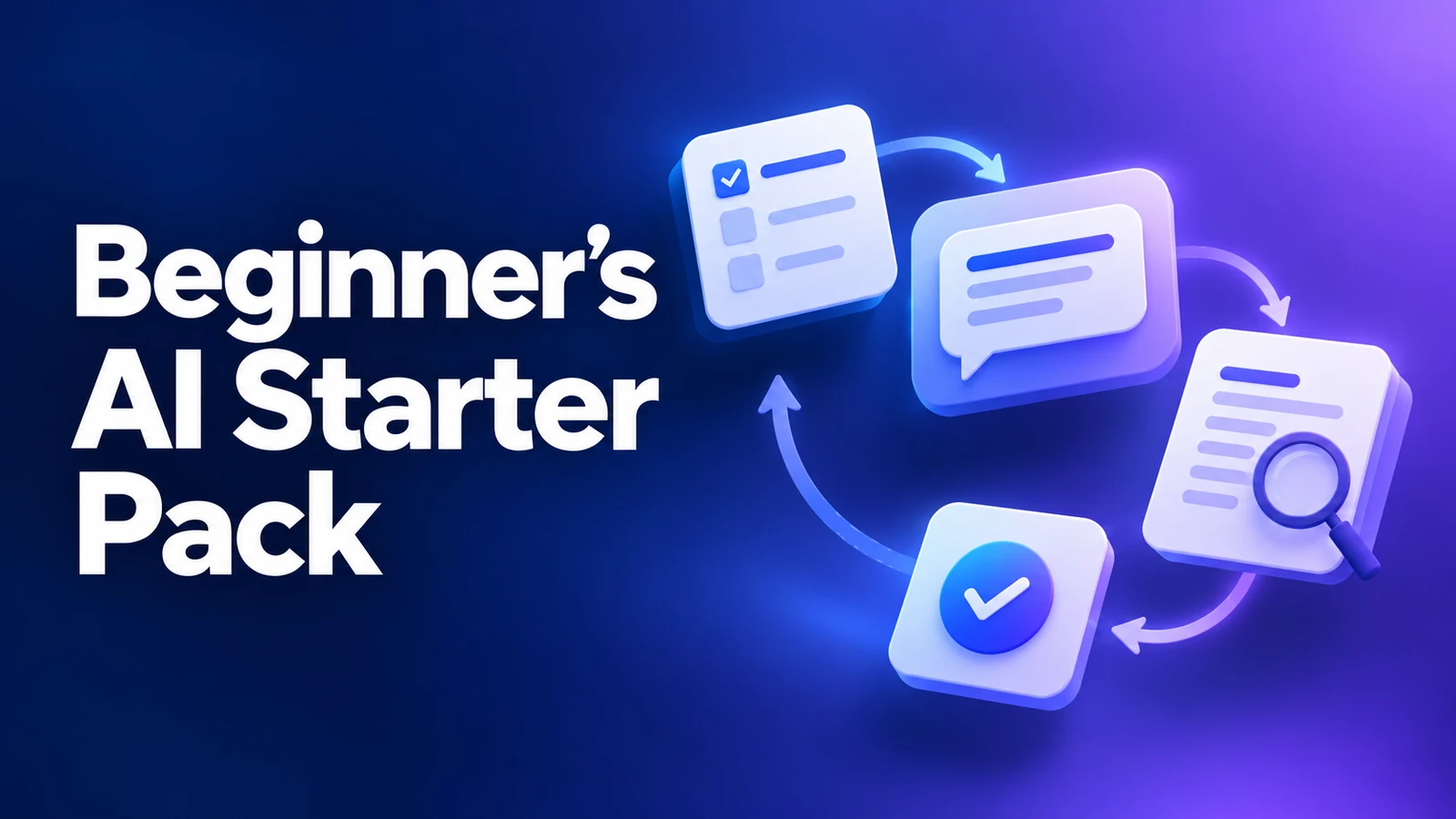 Beginner’s AI Starter Pack with a blue-and-purple workflow showing a task list, prompt, review, and verification