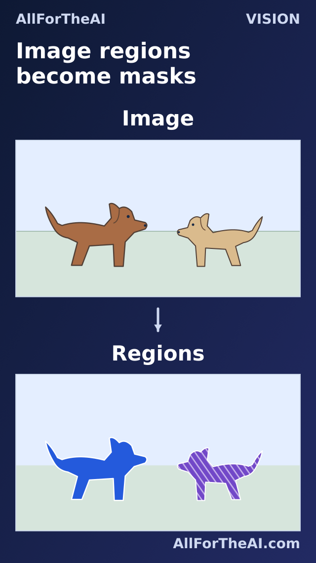 Image regions become masks Two dogs on grass beneath a sky are shown beside a map of their image regions.